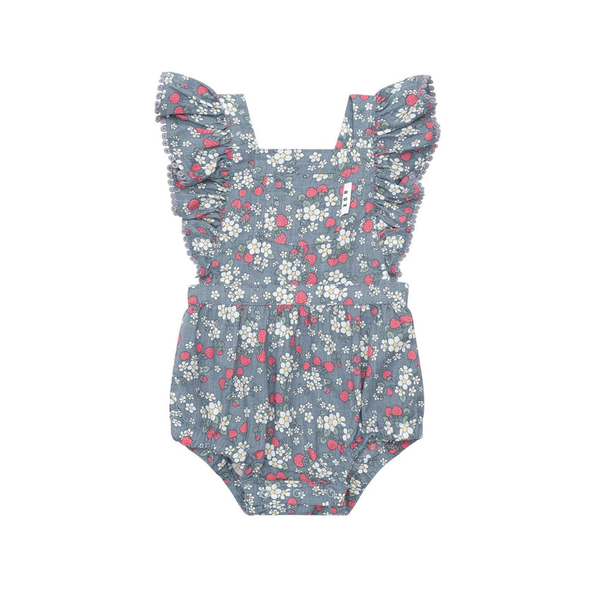 HUX VINTAGE STRAWBERRY FRILL PLAYSUIT DUSTY BLUE