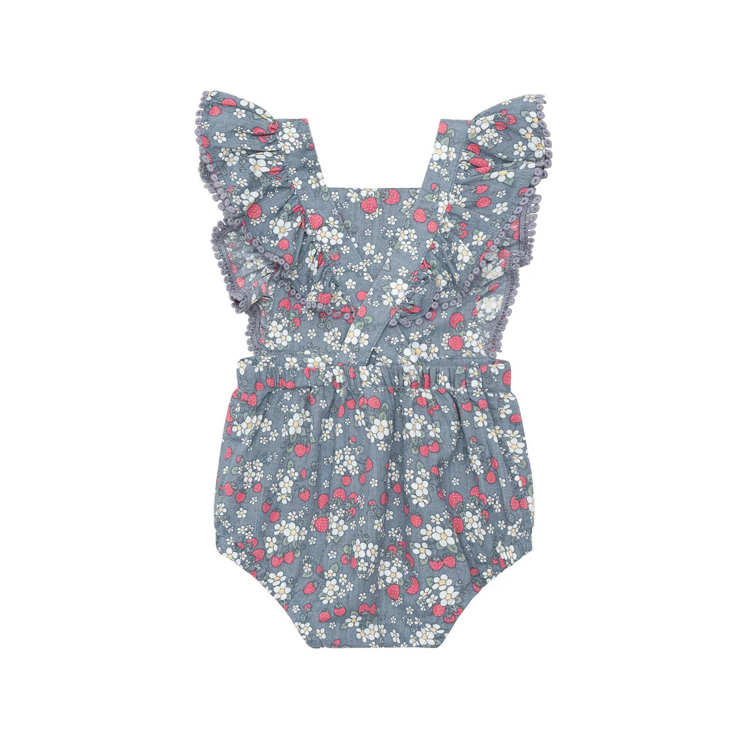 HUX VINTAGE STRAWBERRY FRILL PLAYSUIT DUSTY BLUE