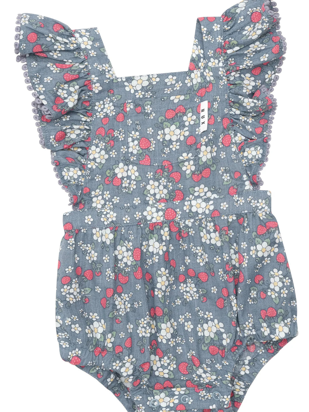 HUX VINTAGE STRAWBERRY FRILL PLAYSUIT DUSTY BLUE