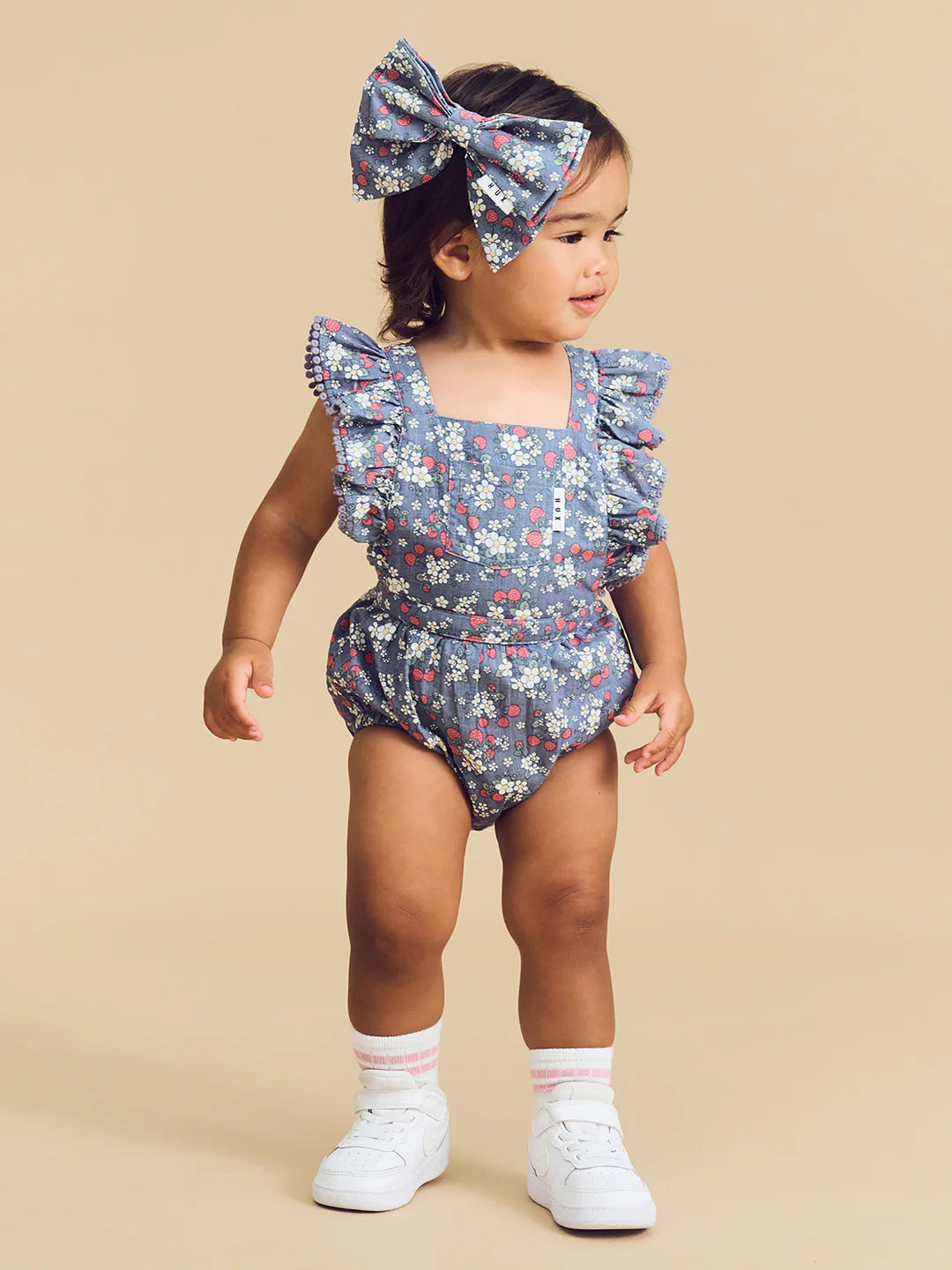HUX VINTAGE STRAWBERRY FRILL PLAYSUIT DUSTY BLUE