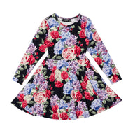 RYB MIDNIGHT FLORALS LONG SLEEVE WAISTED DRESS