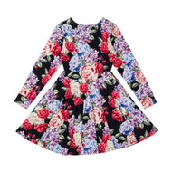 RYB MIDNIGHT FLORALS LONG SLEEVE WAISTED DRESS