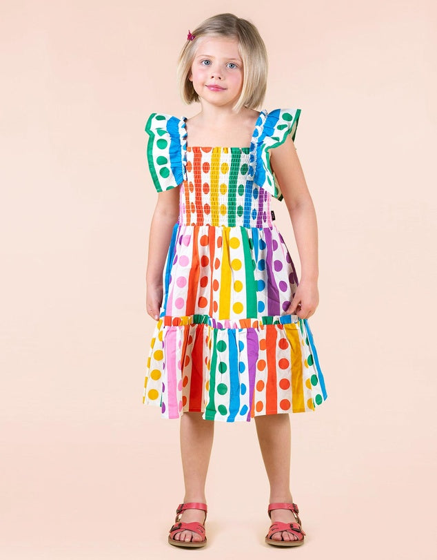 RYB RAINBOW DROPS SHIRRED DRESS