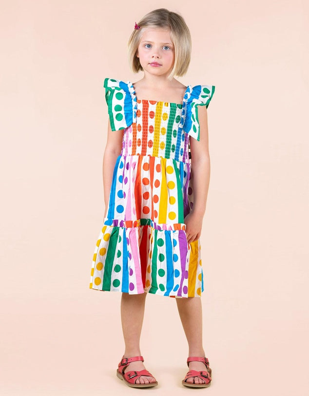 RYB RAINBOW DROPS SHIRRED DRESS