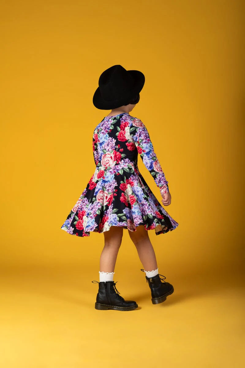 RYB MIDNIGHT FLORALS LONG SLEEVE WAISTED DRESS
