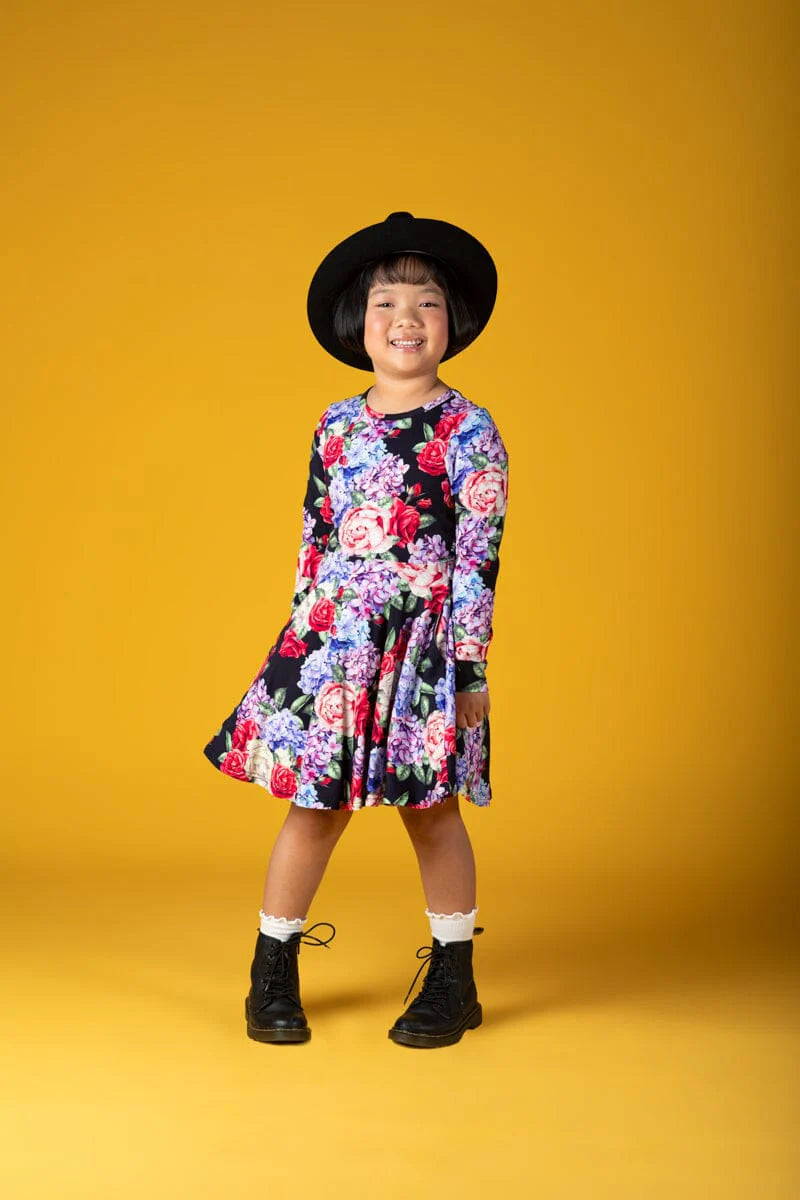 RYB MIDNIGHT FLORALS LONG SLEEVE WAISTED DRESS