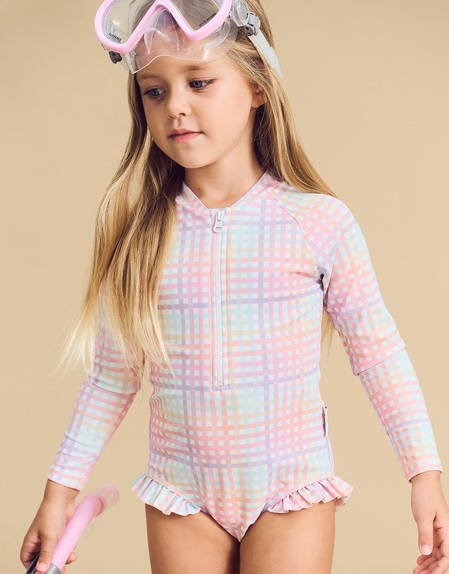HUX RAINBOW CHECK FRILL SWIMSUIT